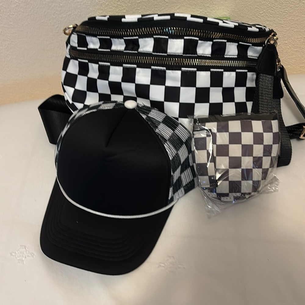 Checkered Flag new purse/fanny, Coozie and baseball cap